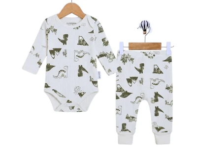 Toptan SÜPERMİNİ  Dino Desenli Erkek Bebe Takım 3 SUYEŞİLİ - Beniz Bebe