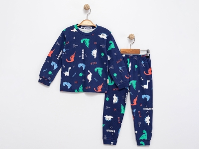 Toptan SÜPERMİNİ  Dino Desenli Erkek Pijama Takım - Toptan Çocuk Giyim Beniz Kids