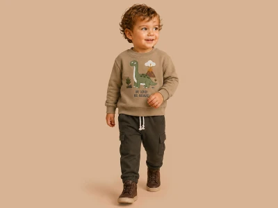 Toptan LUCY Dino Nakışlı 3 İp Şardonlu Erkek Takım  - Toptan Çocuk Giyim Beniz Kids