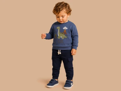 Toptan LUCY Dino Nakışlı 3 İp Şardonlu Erkek Takım  BLUE - Beniz Bebe