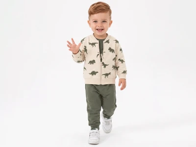 Dinozor Baskılı Hırkalı Erkek Bebe Üçlü Takım 