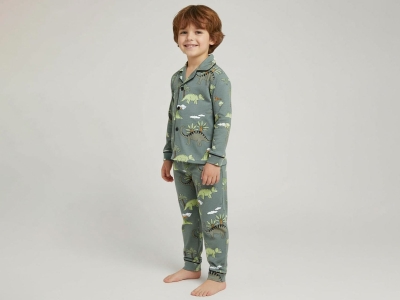 Dinozor Desenli Yakalı Düğmeli Erkek Pijama Takım