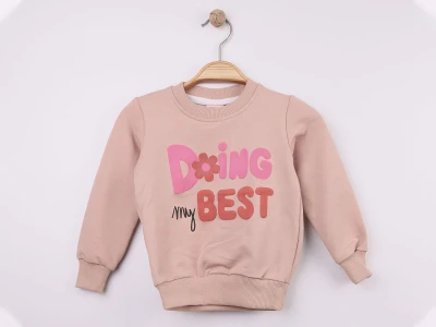 Toptan WENGE KİDS Doing Baskılı Kız Sweat  BEJ - Beniz Bebe
