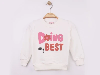 Toptan WENGE KİDS Doing Baskılı Kız Sweat  BEYAZ - Beniz Bebe
