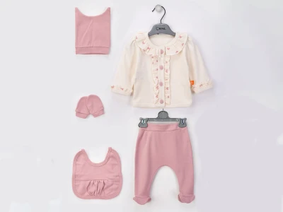 Toptan BEYAZ BEBEK Düğme Detaylı 5'li Yeni Doğan Erkek Takım PEMBE - Beniz Bebe