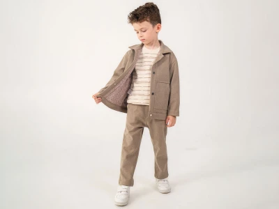 Toptan LESSOTTO Düğmeli Cepli Erkek Üçlü Takım  Beige - Beniz Bebe