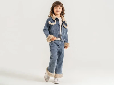 Toptan PAMPAL KİDS Düğmeli Cepli Kot Ceketli Kız Takım  - Toptan Çocuk Giyim Beniz Kids