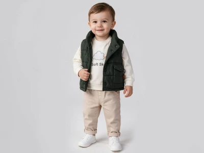 Toptan BEYAZ BEBEK Düğmeli Cepli Yelekli Erkek Bebe Üçlü Takım  - Toptan Çocuk Giyim Beniz Kids