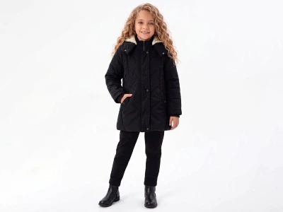 Toptan KEREM TEKSTİL (BOSS) Düğmeli Fermuarlı Kapşonlu Kız Mont  - Toptan Çocuk Giyim Beniz Kids