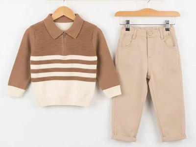 Toptan WEENY KİDS Düz Çizgili Erkek Çocuk Takım AÇIKKAHVE - Beniz Bebe
