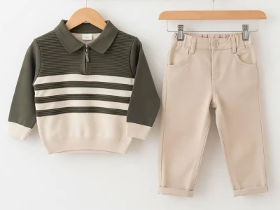 Toptan WEENY KİDS Düz Çizgili Erkek Çocuk Takım HAKİ - Beniz Bebe