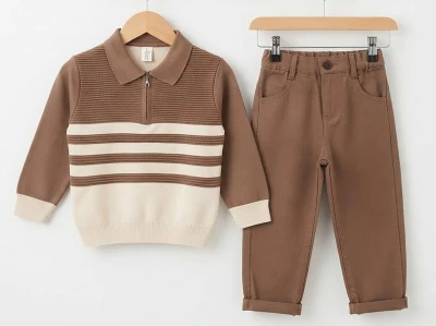 Toptan WEENY KİDS Düz Çizgili Erkek Çocuk Takım KAHVERENGİ - Beniz Bebe