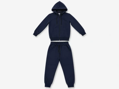 Toptan KOSKA Düz Kapşonlu Fermuarlı Şardonlu 3 İp Unisex Okul Takım LACİVERT - Beniz Bebe
