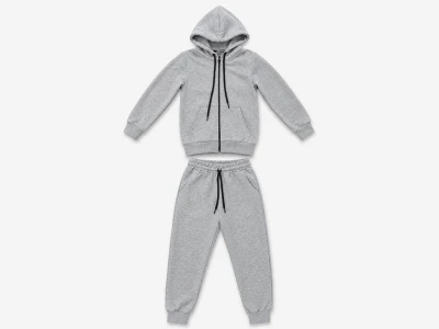 Toptan KOSKA Düz Kapşonlu Fermuarlı Şardonlu 3 İp Unisex Okul Takım GRİ - Beniz Bebe