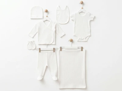 Toptan ESYA Düz Raporlu Unisex 7li Hastane Çıkışı Yenidoğan Zıbın Set BEYAZ - Beniz Bebe