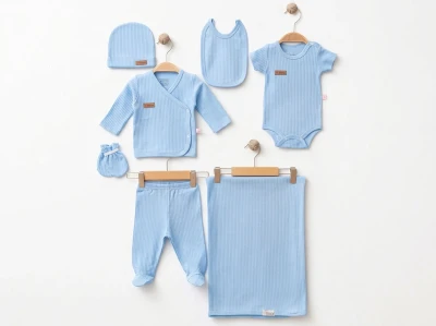 Toptan ESYA Düz Raporlu Unisex 7li Hastane Çıkışı Yenidoğan Zıbın Set MAVİ - Beniz Bebe