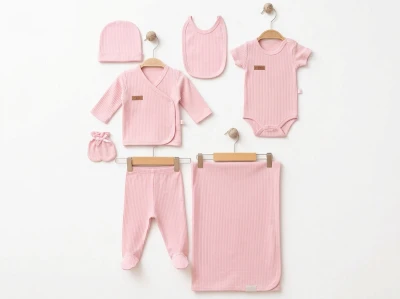 Toptan ESYA Düz Raporlu Unisex 7li Hastane Çıkışı Yenidoğan Zıbın Set PEMBE - Beniz Bebe
