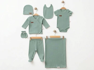 Toptan ESYA Düz Raporlu Unisex 7li Hastane Çıkışı Yenidoğan Zıbın Set YEŞİL - Beniz Bebe