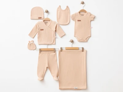Toptan GÜMÜŞ Düz Raporlu Unisex 7li Hastane Çıkışı Zıbın Set BEJ - Beniz Bebe