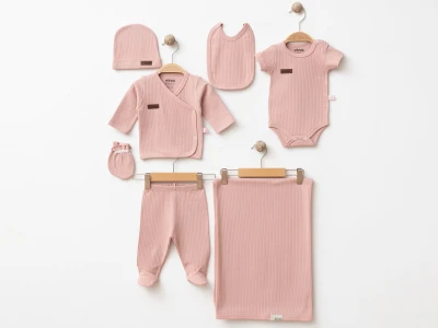 Toptan GÜMÜŞ Düz Raporlu Unisex 7li Hastane Çıkışı Zıbın Set GÜLKURUSU - Beniz Bebe