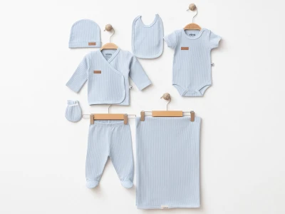 Toptan GÜMÜŞ Düz Raporlu Unisex 7li Hastane Çıkışı Zıbın Set MAVİ - Beniz Bebe
