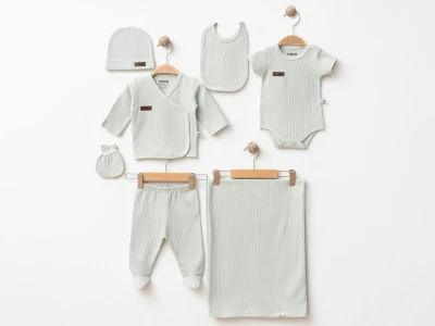 Toptan GÜMÜŞ Düz Raporlu Unisex 7li Hastane Çıkışı Zıbın Set YEŞİL - Beniz Bebe