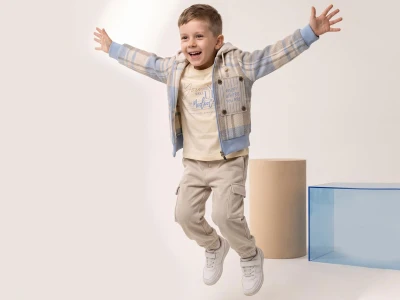 Toptan JUNİOR CLASS Ekose Desenli Kapşonlu Hırkalı Erkek Üçlü Takım  BLUE - Beniz Bebe