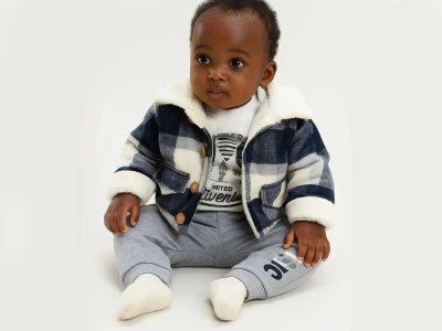 Toptan MİNİ BARAY Ekose Welsoft Detaylı Ceketli Üçlü Erkek Takım LACİVERT - Beniz Bebe