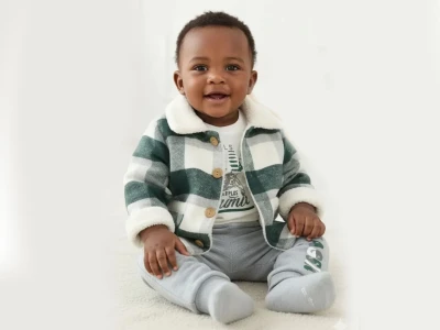 Toptan MİNİ BARAY Ekose Welsoft Detaylı Ceketli Üçlü Erkek Takım YEŞİL - Beniz Bebe