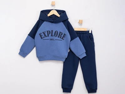 Toptan FEELY KİDS Explore Baskılı 3 İp Şardonlu Erkek Takım  LACİVERT - Beniz Bebe