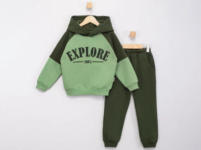 Toptan FEELY KİDS Explore Baskılı 3 İp Şardonlu Erkek Takım  YEŞİL - Beniz Bebe