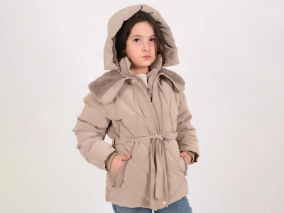 Toptan ROBİN Fermuarlı Bağlamalı Kapşonlu Kız Mont - Toptan Çocuk Giyim Beniz Kids