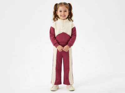 Toptan VOVİDO Fermuarlı Brode Detaylı Şardonlu 3 İp Kız Takım - Toptan Çocuk Giyim Beniz Kids