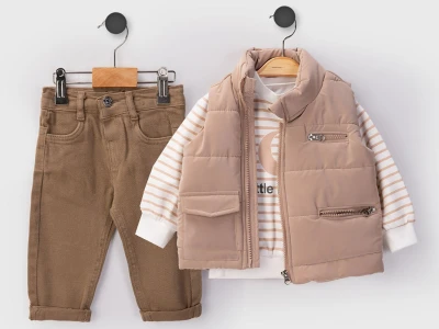 Toptan BEYAZ BEBEK Fermuarlı Şişme Yelekli Erkek Bebe Üçlü Takım  KAHVERENGİ - Beniz Bebe