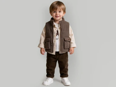 Toptan BEYAZ BEBEK Fermuarlı Şişme Yelekli Gömlekli Erkek Bebe Dörtlü Takım  - Toptan Çocuk Giyim Beniz Kids