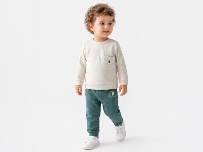 Toptan BAM-BİNO Fil Baskılı Cepli Düğmeli Erkek Bebe Takım  - Toptan Çocuk Giyim Beniz Kids