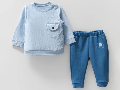 Toptan BAM-BİNO Fil Baskılı Cepli Düğmeli Erkek Bebe Takım  BLUE - Beniz Bebe