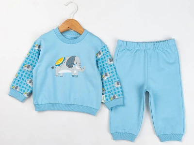 Toptan COMİX Fil Baskılı Erkek Bebe Takım  MAVİ - Beniz Bebe