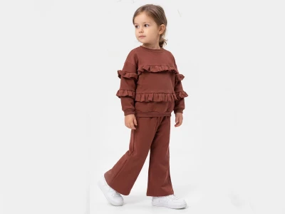 Toptan VOVİDO Fırfır Detaylı Şardonlu 3 İp Kız Takım - Toptan Çocuk Giyim Beniz Kids
