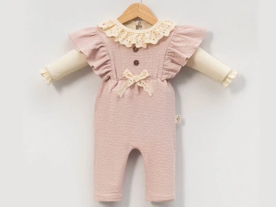 Toptan CAYZEN Fırfırlı Dantel İşlemeli Fiyonk Detaylı Kız Tulum  Rose - Beniz Bebe