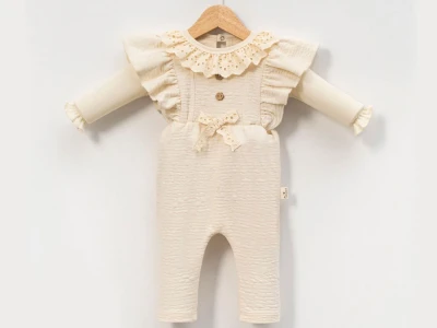 Toptan CAYZEN Fırfırlı Dantel İşlemeli Fiyonk Detaylı Kız Tulum  Cream - Beniz Bebe