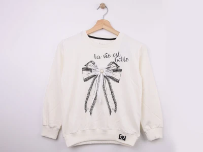 Toptan STAR FİLE Fiyonk Baskılı Dantel İşlemeli Kız Sweat  - Toptan Çocuk Giyim Beniz Kids