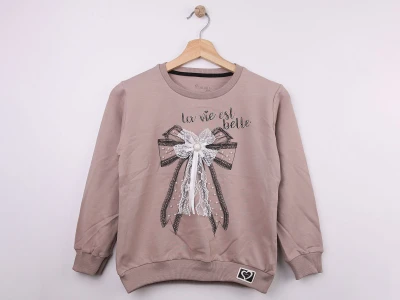 Toptan STAR FİLE Fiyonk Baskılı Dantel İşlemeli Kız Sweat  KAHVERENGİ - Beniz Bebe