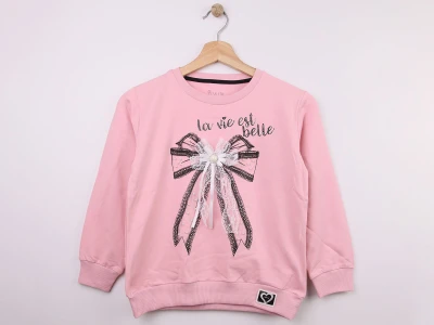 Toptan STAR FİLE Fiyonk Baskılı Dantel İşlemeli Kız Sweat  PEMBE - Beniz Bebe