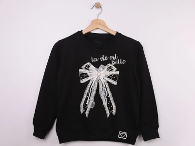 Toptan STAR FİLE Fiyonk Baskılı Dantel İşlemeli Kız Sweat  SİYAH - Beniz Bebe