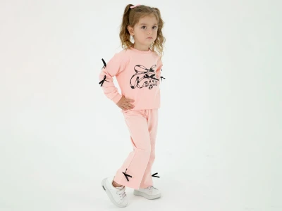 Toptan BICIR KİDS Fiyonk Baskılı Fiyonk Detaylı Kız Takım  - Toptan Çocuk Giyim Beniz Kids