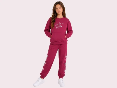 Toptan ROYA KİDS Fiyonk Baskılı Kanguru Cepli 3 İp Şardonlu Kız Takım  - Toptan Çocuk Giyim Beniz Kids