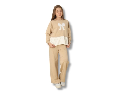 Toptan ÖZ BEBE Fiyonk Baskılı Kız Takım Beige - Beniz Bebe