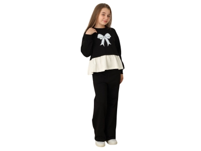 Toptan ÖZ BEBE Fiyonk Baskılı Kız Takım Black - Beniz Bebe