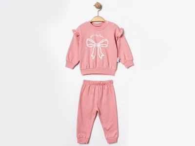 Toptan ÇITIR KİDS Fiyonk Baskılı Kız Takım PEMBE - Beniz Bebe